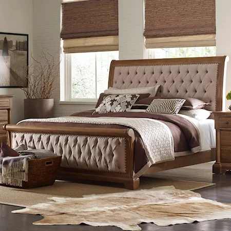 California King Size Upholstered Sleigh Bed with Performance Fabric and Button Tufting